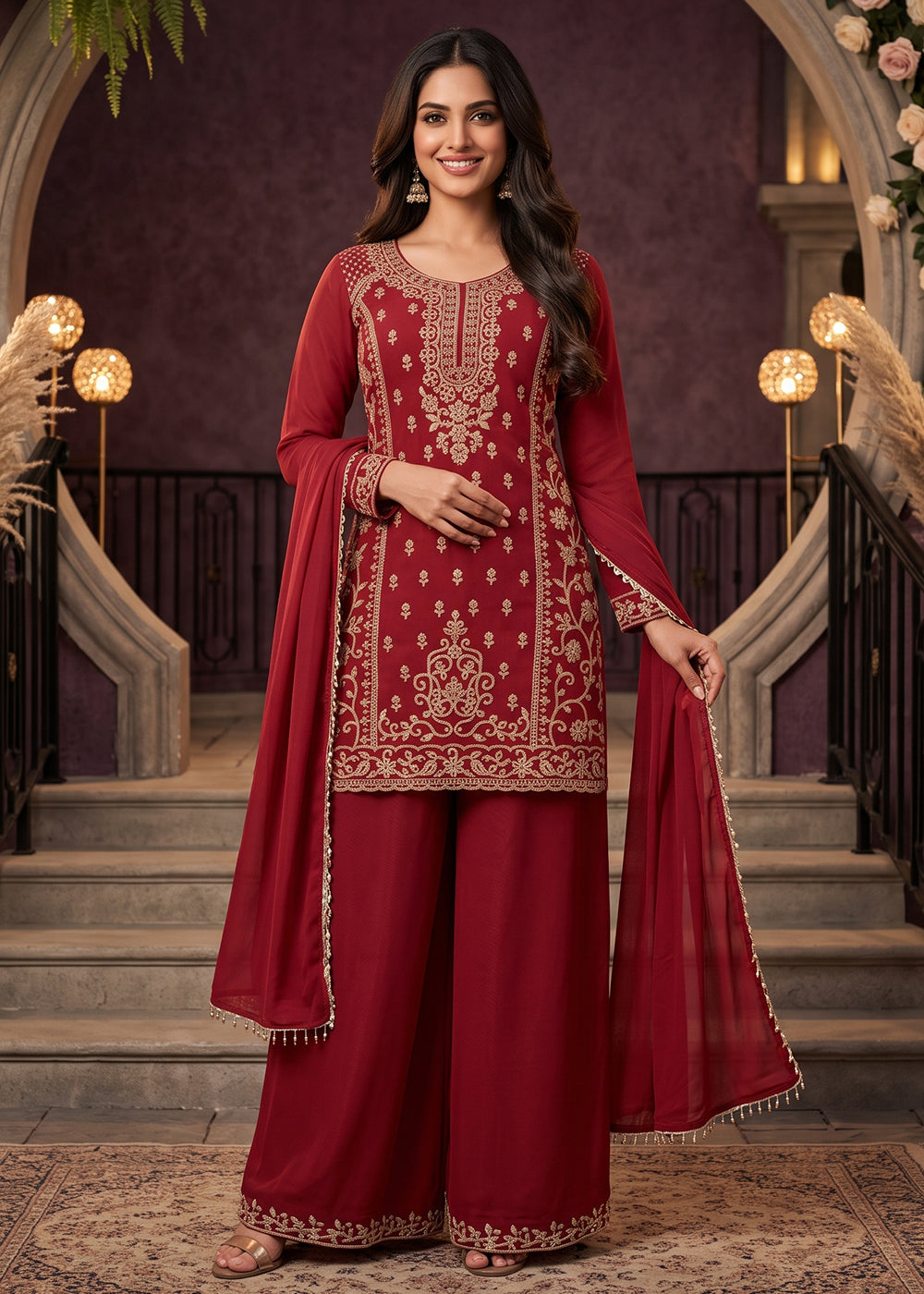 Buy Now Maroon All Over Beads Embroidered Palazzo Style Suit Online in US, UK, Canada, Netherlands, Germany, Italy, France, Greece, UAE & Worldwide at Empress.
