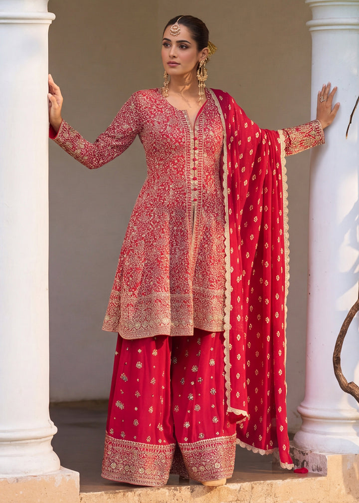 Buy NowPremium Georgette Red Color Embroidered Palazzo Suit Online in US, UK, Canada, Germany, Italy, France, Greece, Australia, Austria &amp; Worldwide at Empress.