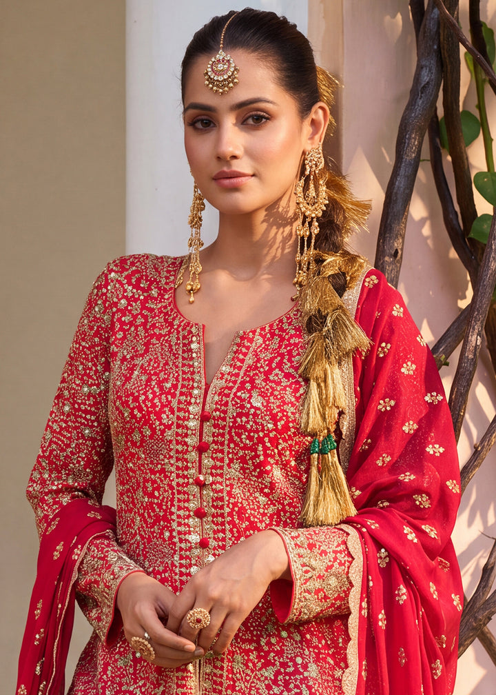 Buy Now Premium Georgette Red Color Embroidered Palazzo Suit Online in US, UK, Canada, Germany, Italy, France, Greece, Australia, Austria &amp; Worldwide at Empress.