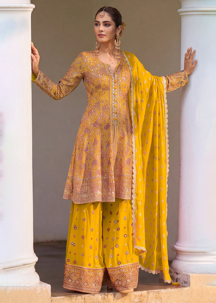 Buy Now Premium Georgette Yellow Color Embroidered Palazzo Suit Online in US, UK, Canada, Germany, Italy, France, Greece, Australia, UAE &amp; Worldwide at Empress.