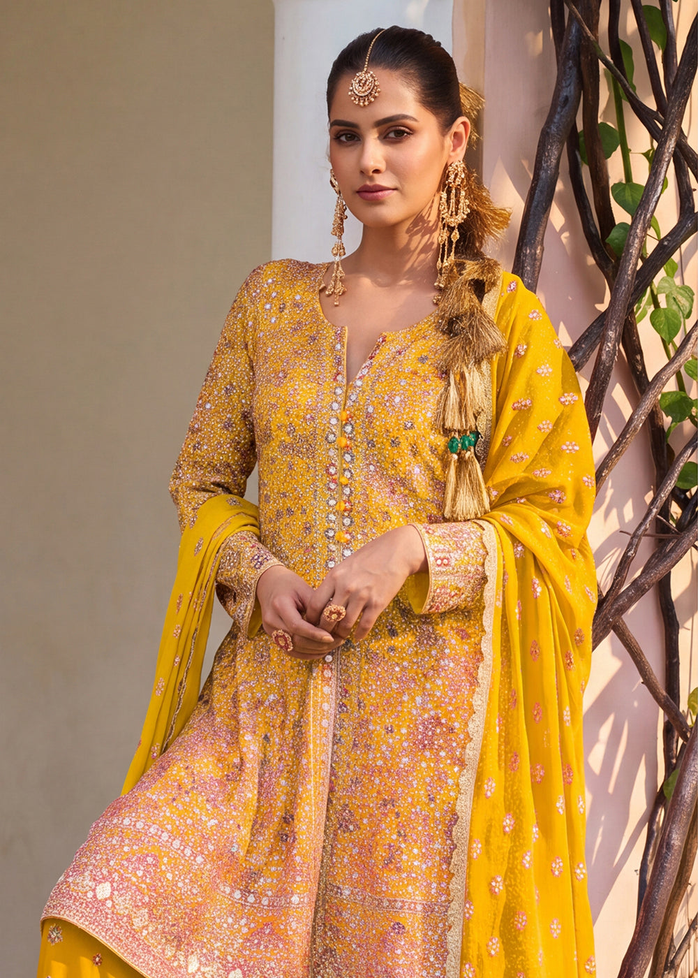 Buy Now Premium Georgette Yellow Color Embroidered Palazzo Suit Online in US, UK, Canada, Germany, Italy, France, Greece, Australia, UAE &amp; Worldwide at Empress.