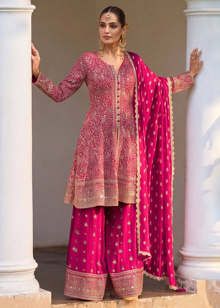 Buy Now Premium Georgette Pink Color Embroidered Palazzo Suit Online in US, UK, Canada, Germany, Italy, France, Greece, Australia, UAE &amp; Worldwide at Empress.