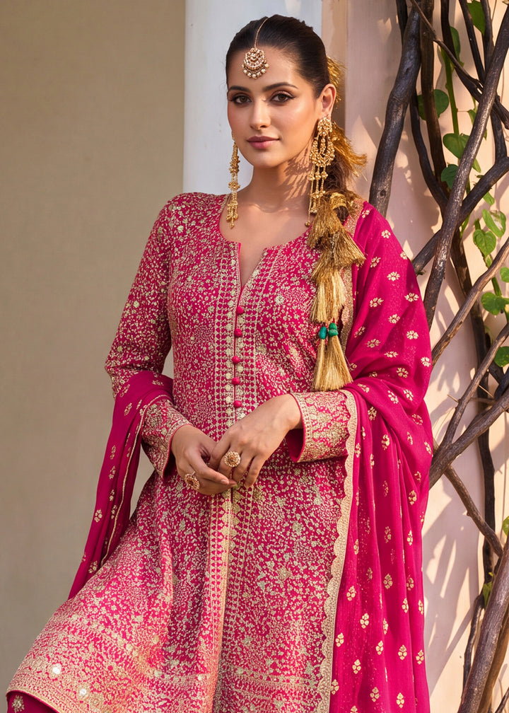 Buy Now Premium Georgette Pink Color Embroidered Palazzo Suit Online in US, UK, Canada, Germany, Italy, France, Greece, Australia, UAE &amp; Worldwide at Empress.