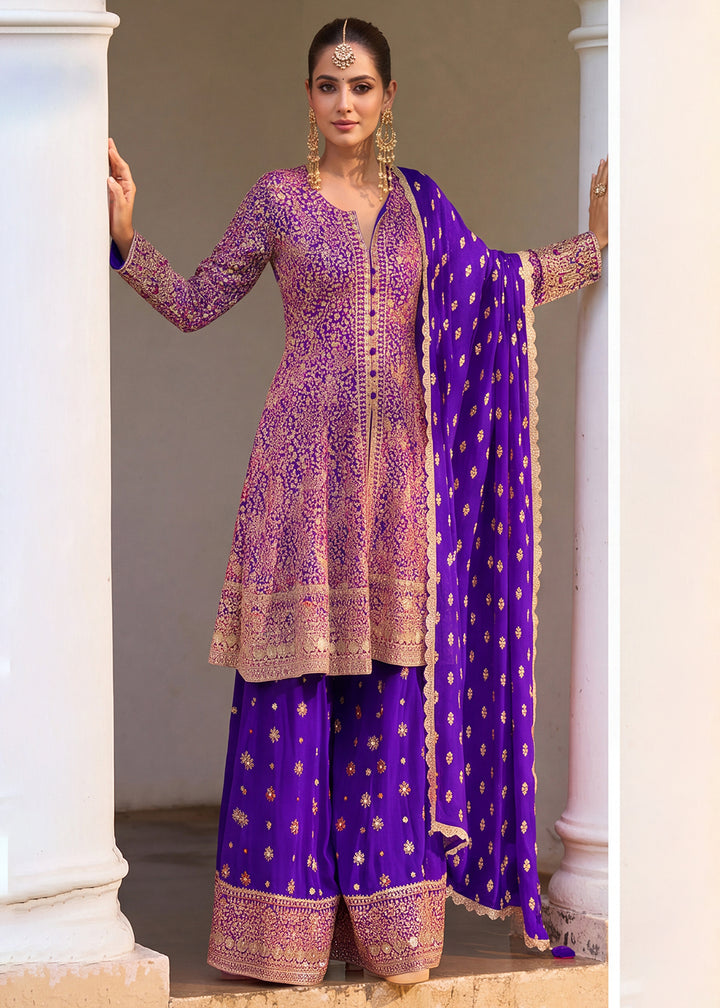 Buy Now Premium Georgette Purple Color Embroidered Palazzo Suit Online in US, UK, Canada, Germany, Italy, France, Greece, Australia, UAE &amp; Worldwide at Empress.