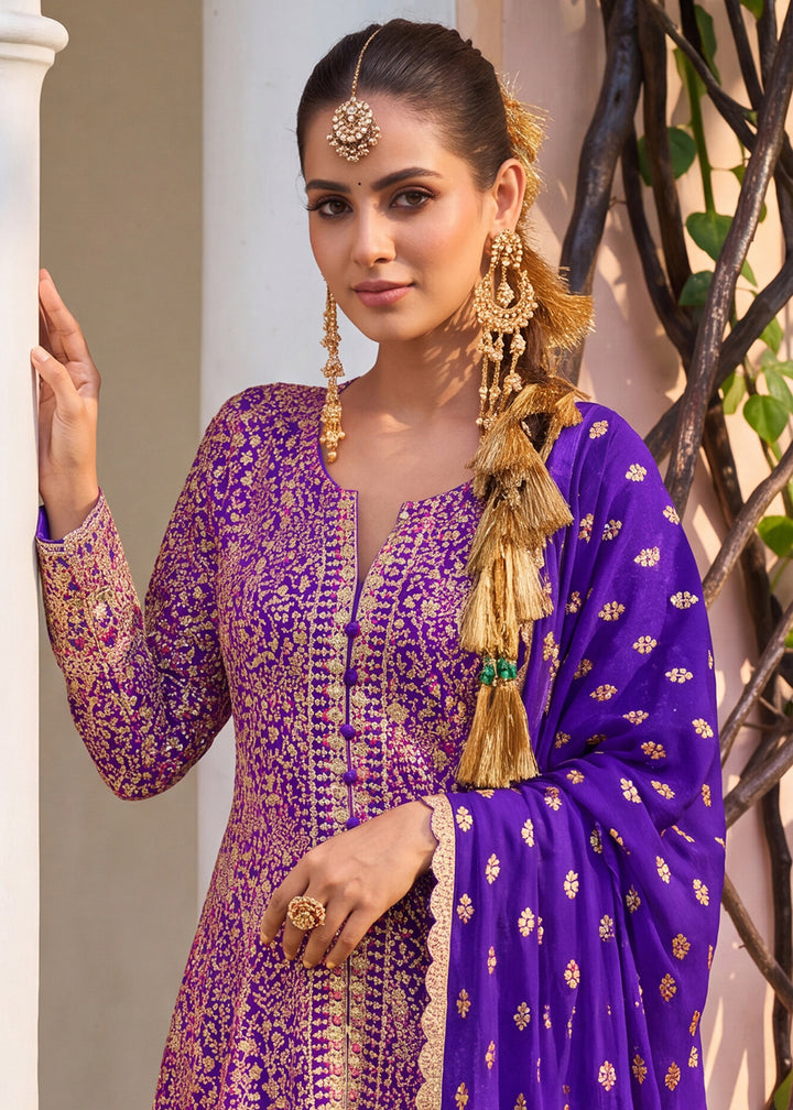 Buy Now Premium Georgette Purple Color Embroidered Palazzo Suit Online in US, UK, Canada, Germany, Italy, France, Greece, Australia, UAE &amp; Worldwide at Empress.