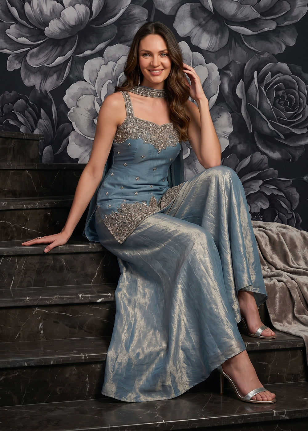 Buy Now Dark Turquoise Tora Silk Flared Party Palazzo Suit Online in US, UK, Canada, Netherlands, Germany, Italy, France, Greece, UAE &amp; Worldwide at Empress.