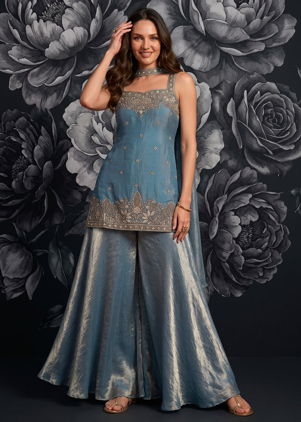 Buy Now Dark Turquoise Tora Silk Flared Party Palazzo Suit Online in US, UK, Canada, Netherlands, Germany, Italy, France, Greece, UAE & Worldwide at Empress.