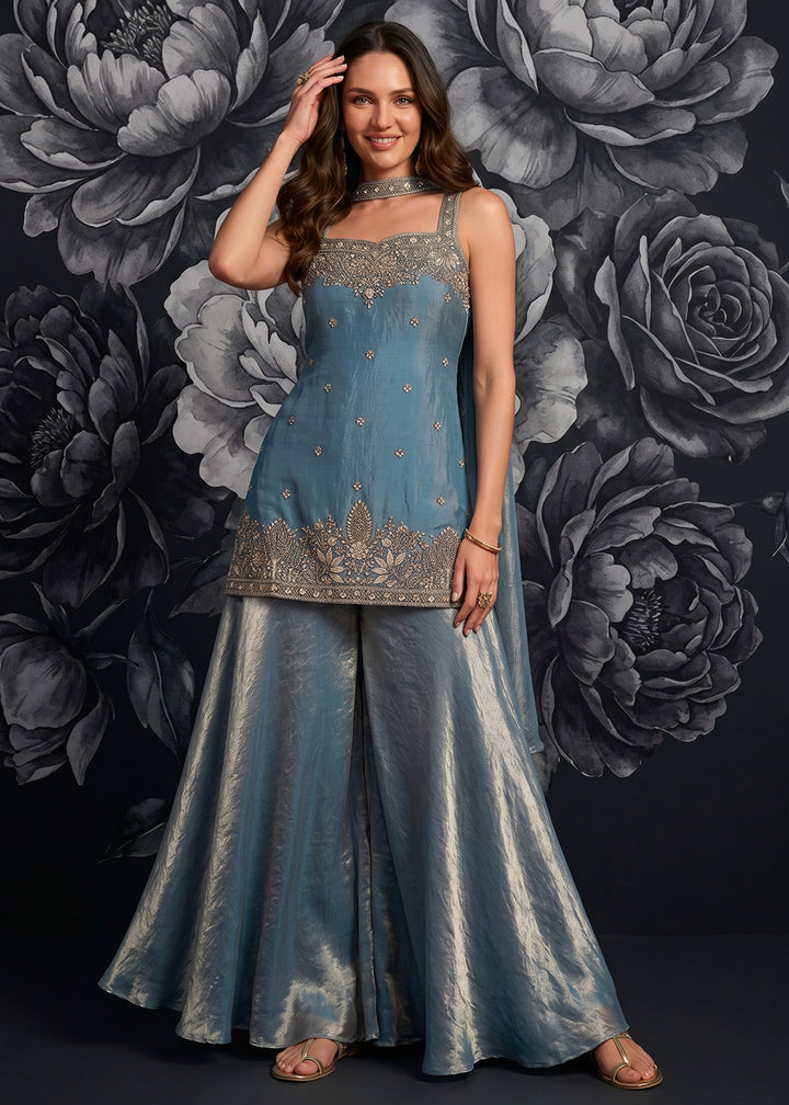 Buy Now Dark Turquoise Tora Silk Flared Party Palazzo Suit Online in US, UK, Canada, Netherlands, Germany, Italy, France, Greece, UAE &amp; Worldwide at Empress.