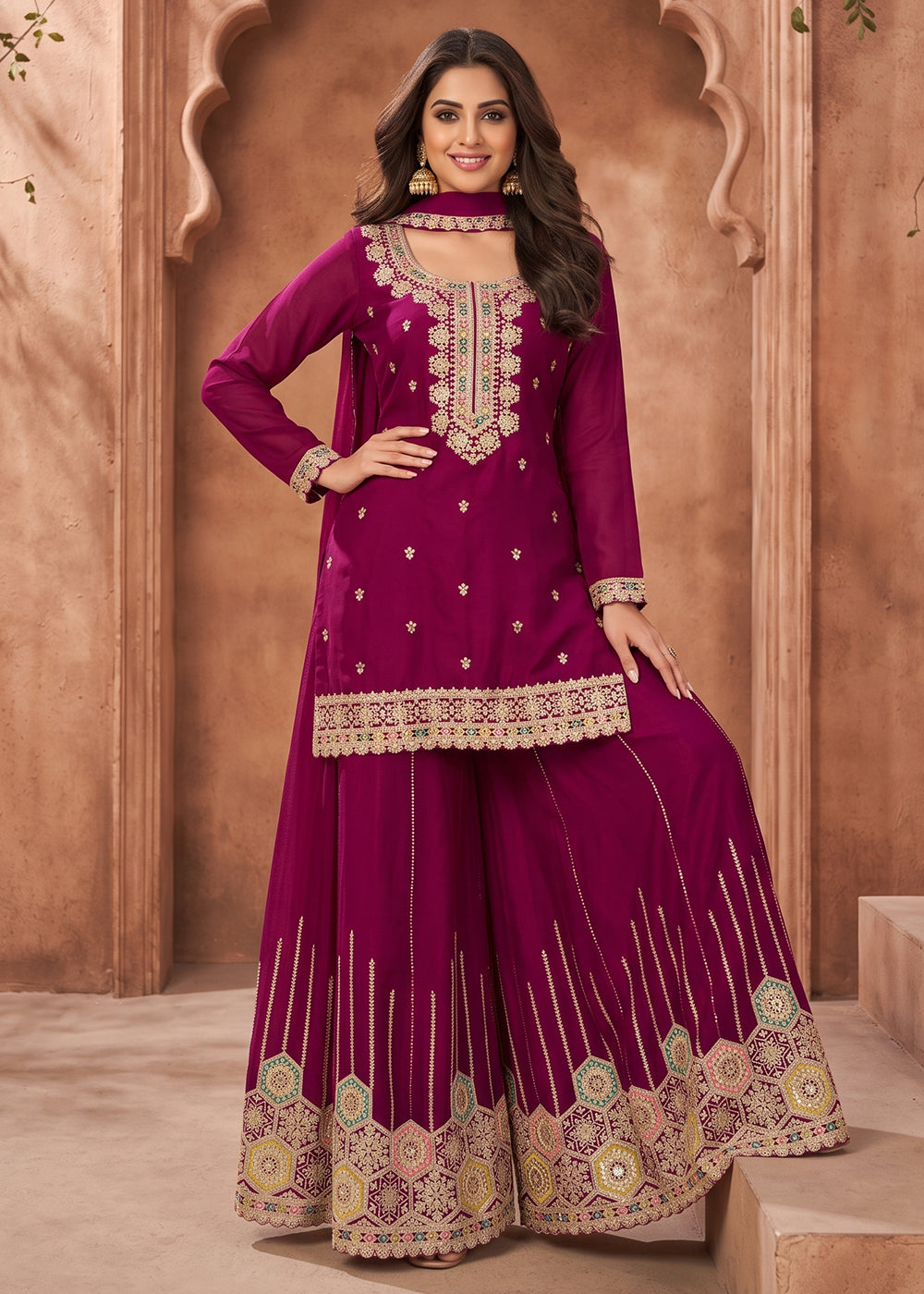 Buy Now Dark Magenta Embroidered Chinnon Silk Palazzo Suit Online in US, UK, Canada, Netherlands, Germany, Italy, France, Greece, UAE & Worldwide at Empress.