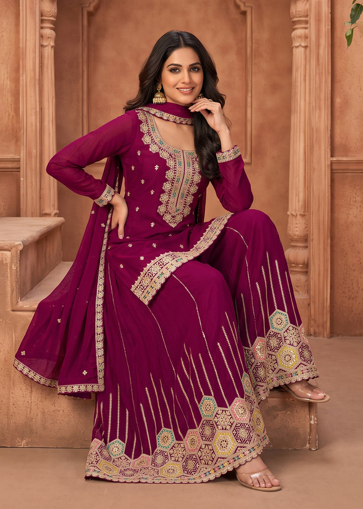 Buy Now Dark Magenta Embroidered Chinnon Silk Palazzo Suit Online in US, UK, Canada, Netherlands, Germany, Italy, France, Greece, UAE &amp; Worldwide at Empress.