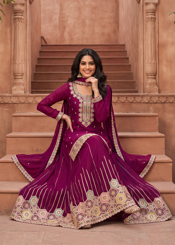 Buy Now Dark Magenta Embroidered Chinnon Silk Palazzo Suit Online in US, UK, Canada, Netherlands, Germany, Italy, France, Greece, UAE &amp; Worldwide at Empress.