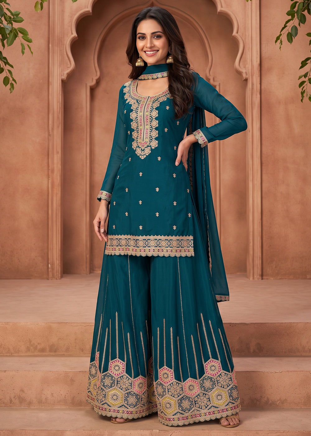 Buy Now Dark Teal Embroidered Chinnon Silk Palazzo Suit Online in US, UK, Canada, Netherlands, Germany, Italy, France, Greece, UAE & Worldwide at Empress.