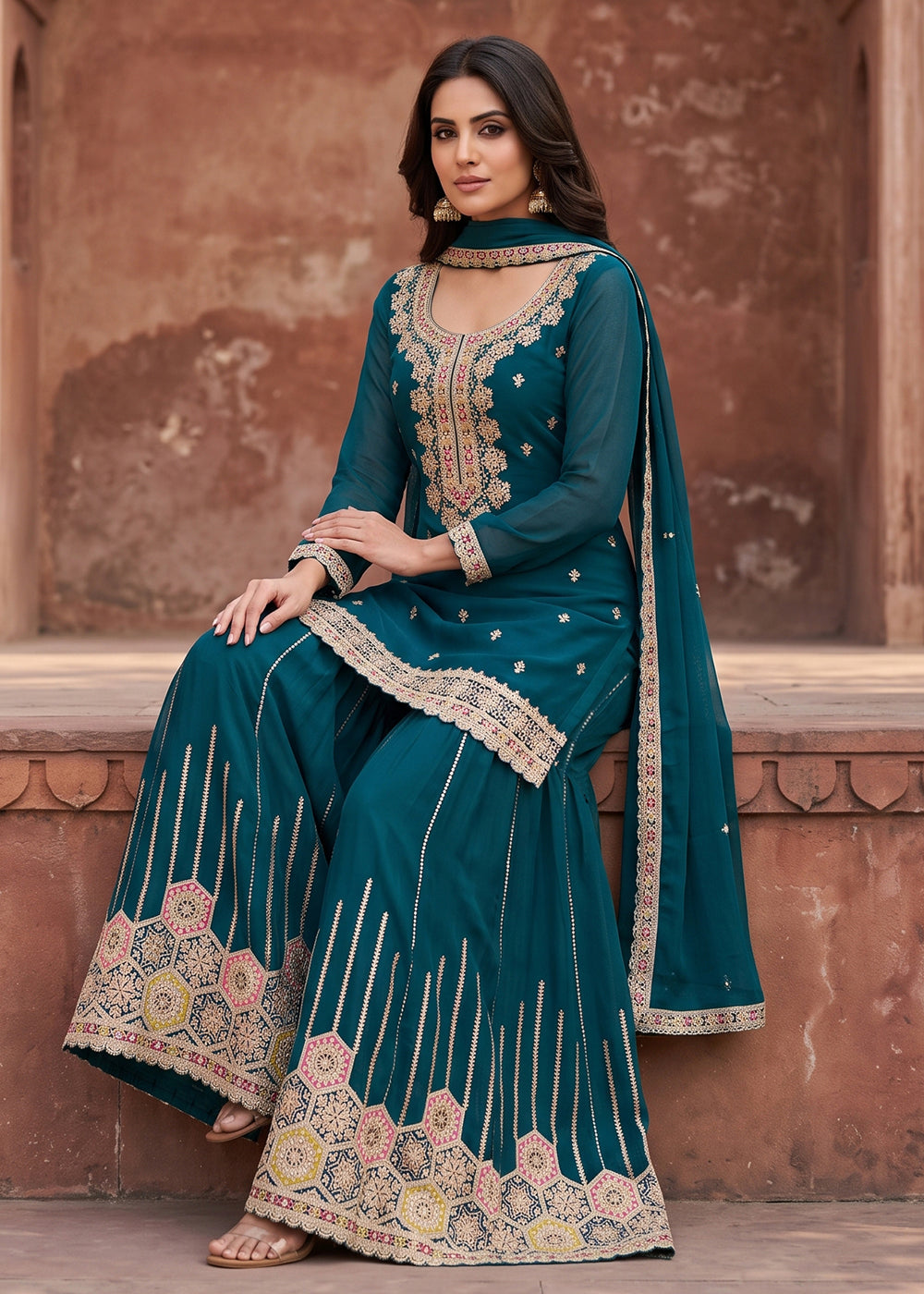 Buy Now Dark Teal Embroidered Chinnon Silk Palazzo Suit Online in US, UK, Canada, Netherlands, Germany, Italy, France, Greece, UAE & Worldwide at Empress.