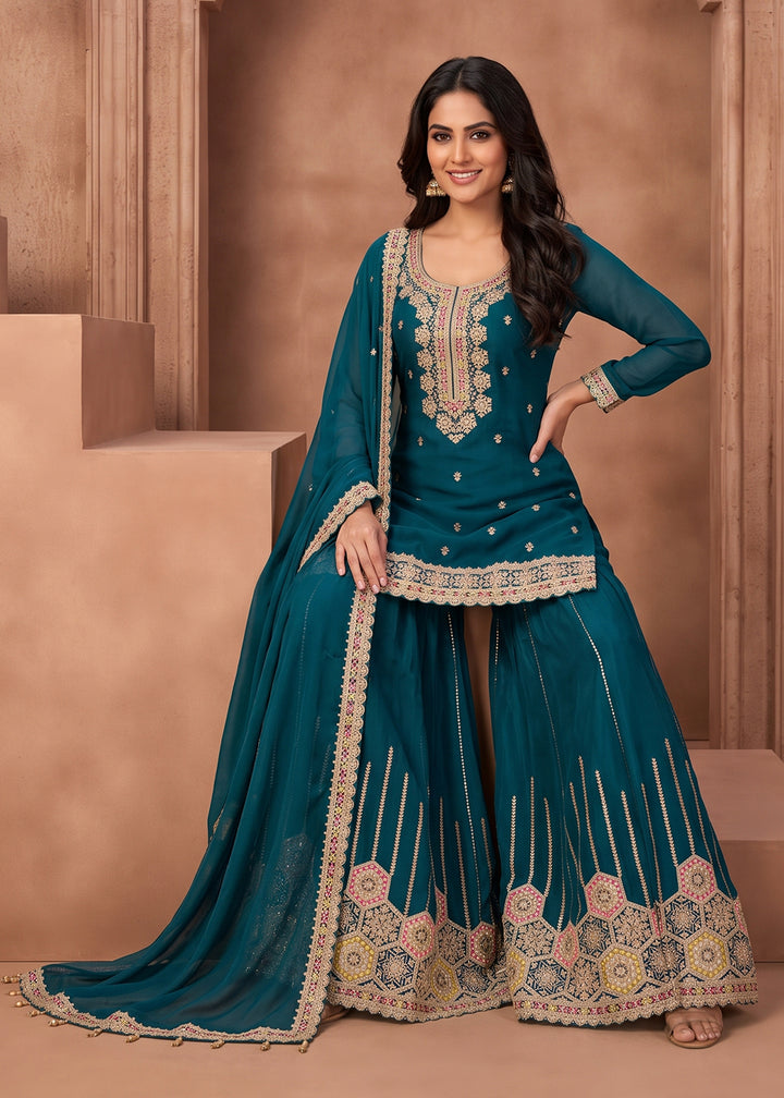 Buy Now Dark Teal Embroidered Chinnon Silk Palazzo Suit Online in US, UK, Canada, Netherlands, Germany, Italy, France, Greece, UAE &amp; Worldwide at Empress.