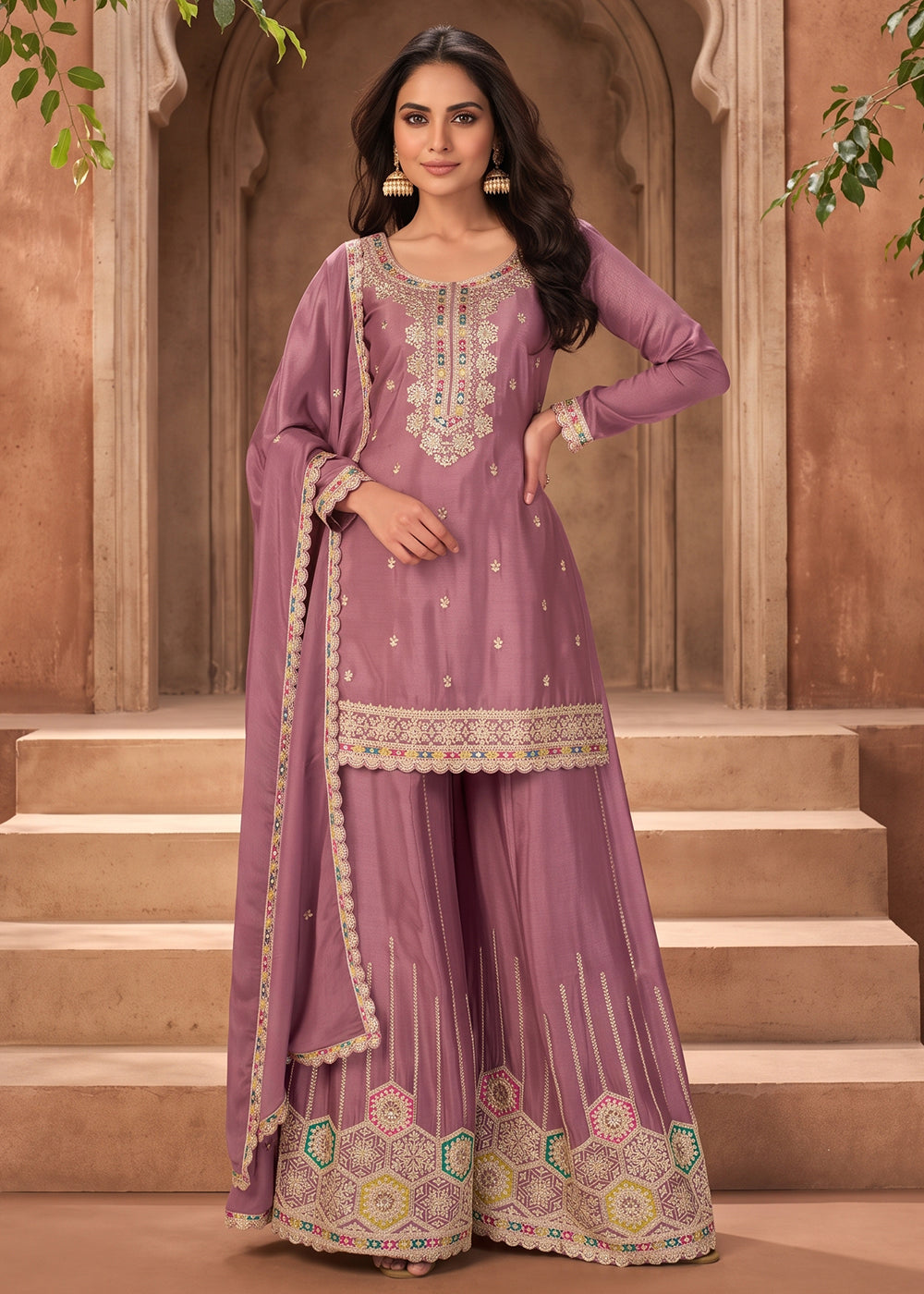 Buy Now Light Pink Embroidered Chinnon Silk Palazzo Suit Online in US, UK, Canada, Netherlands, Germany, Italy, France, Greece, UAE & Worldwide at Empress.