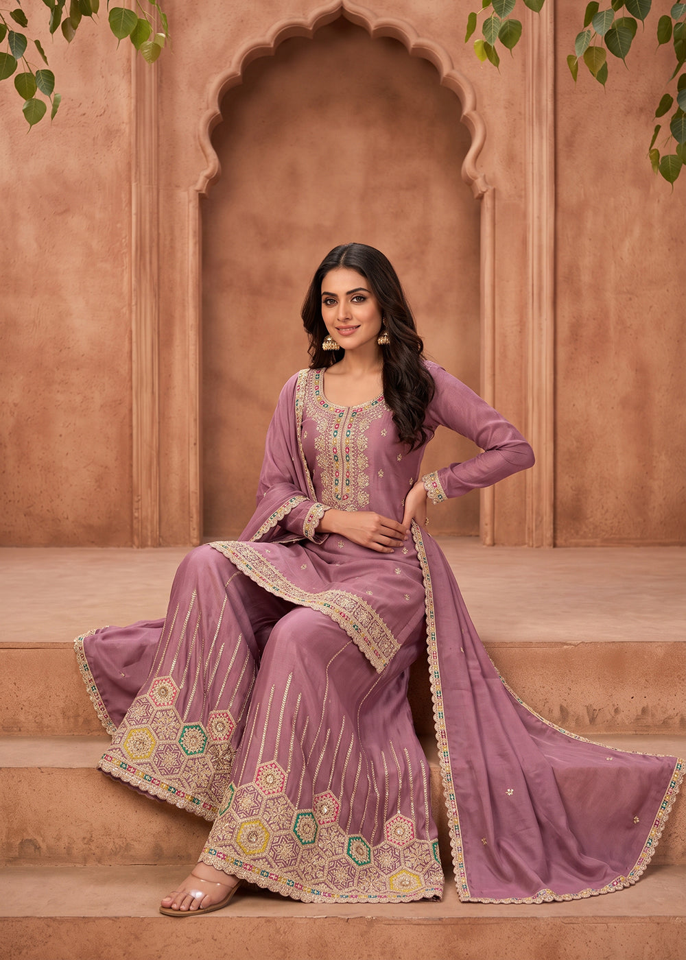 Buy Now Light Pink Embroidered Chinnon Silk Palazzo Suit Online in US, UK, Canada, Netherlands, Germany, Italy, France, Greece, UAE &amp; Worldwide at Empress.