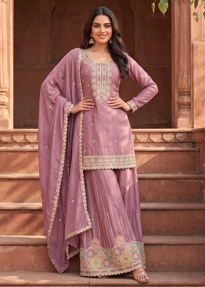 Buy Now Light Pink Embroidered Chinnon Silk Palazzo Suit Online in US, UK, Canada, Netherlands, Germany, Italy, France, Greece, UAE &amp; Worldwide at Empress.