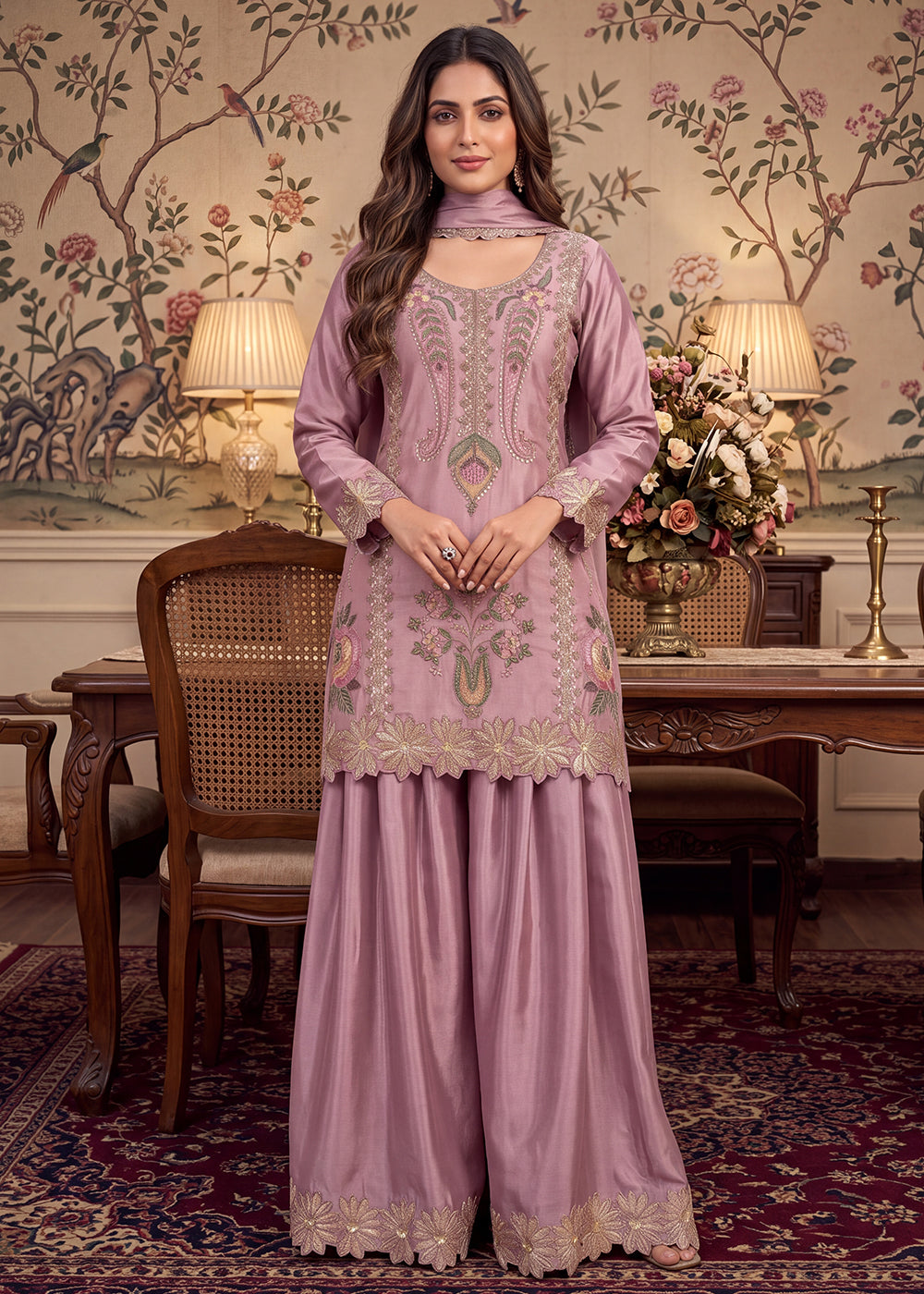 Buy Pink Premium Chinnon with Bead Work Palazzo Style Suit Online in US, UK, Canada, Netherlands, Germany, Italy, France, Greece, UAE & Worldwide at Empress.