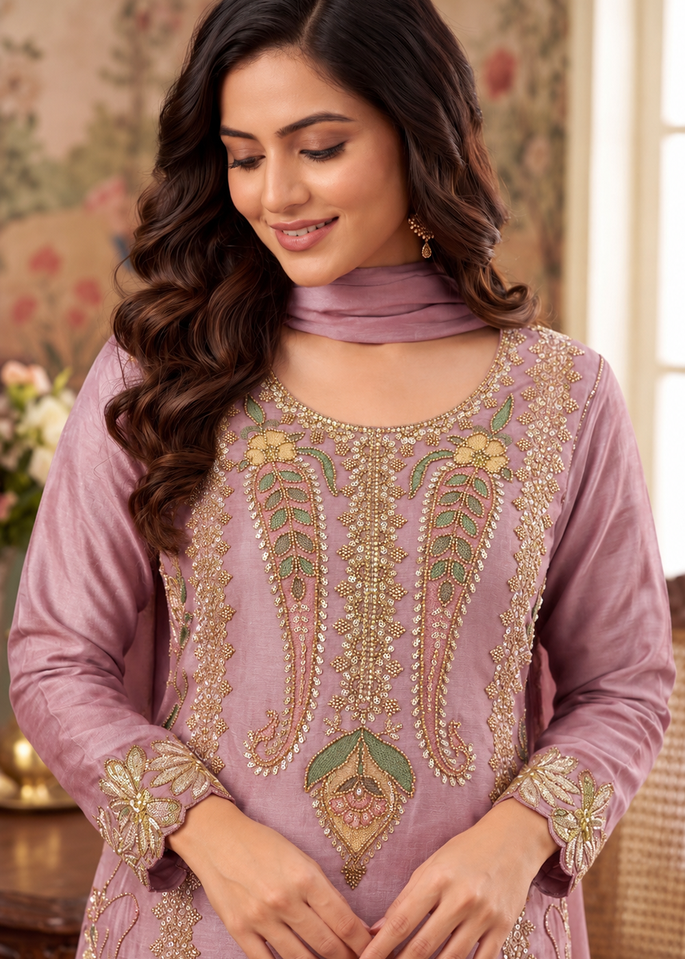 Buy Pink Premium Chinnon with Bead Work Palazzo Style Suit Online in US, UK, Canada, Netherlands, Germany, Italy, France, Greece, UAE &amp; Worldwide at Empress.