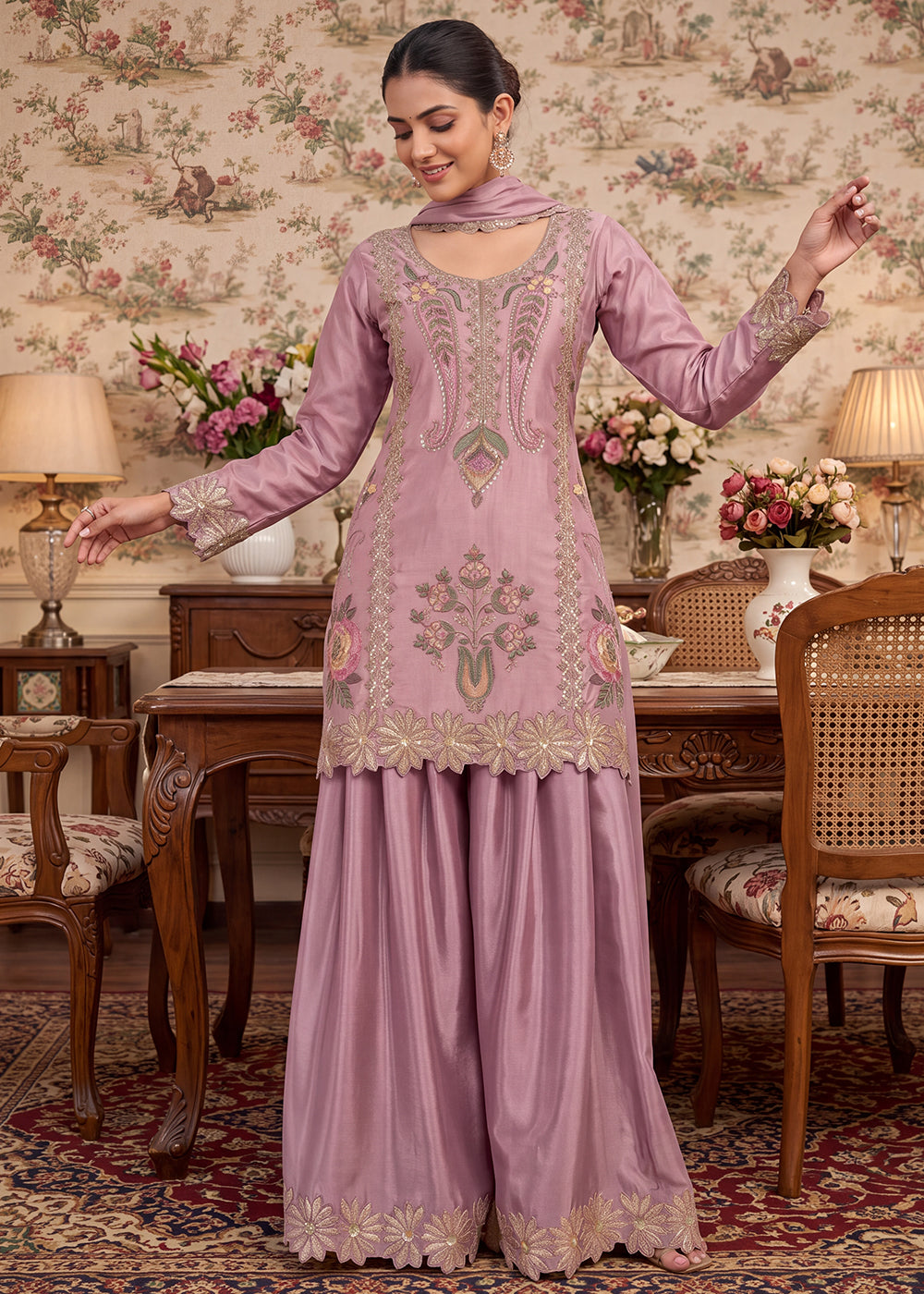 Buy Pink Premium Chinnon with Bead Work Palazzo Style Suit Online in US, UK, Canada, Netherlands, Germany, Italy, France, Greece, UAE &amp; Worldwide at Empress.