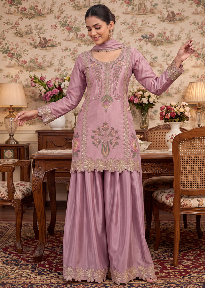 Buy Pink Premium Chinnon with Bead Work Palazzo Style Suit Online in US, UK, Canada, Netherlands, Germany, Italy, France, Greece, UAE &amp; Worldwide at Empress.
