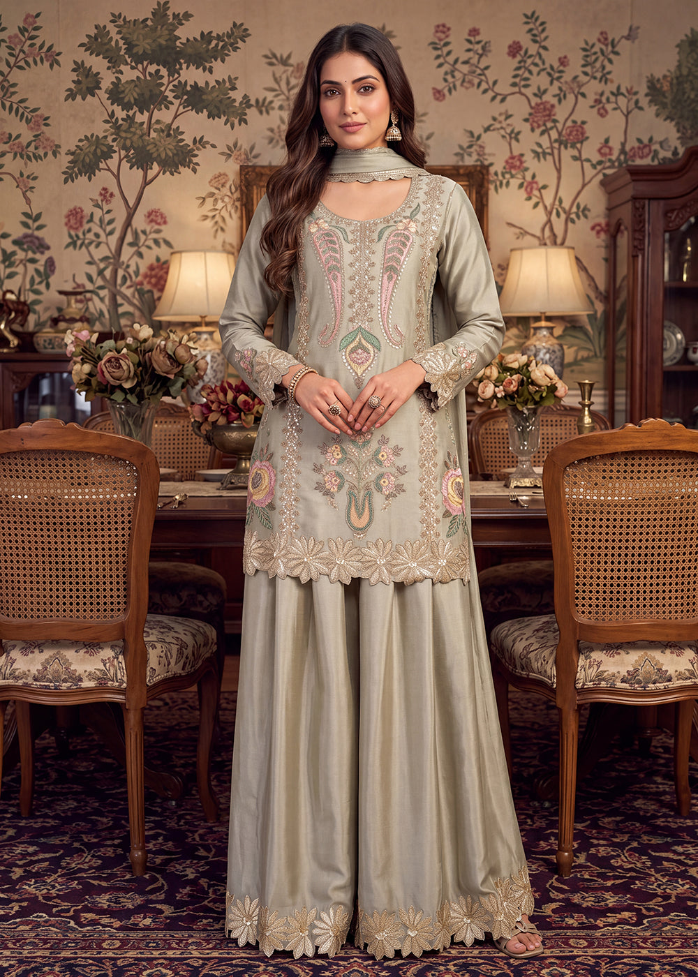 Buy Green Premium Chinnon with Bead Work Palazzo Style Suit Online in US, UK, Canada, Netherlands, Germany, Italy, France, Greece, UAE & Worldwide at Empress.