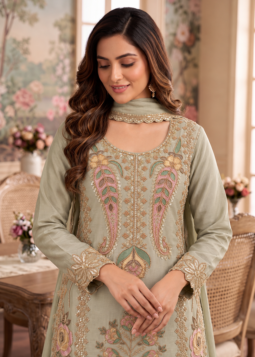 Buy Green Premium Chinnon with Bead Work Palazzo Style Suit Online in US, UK, Canada, Netherlands, Germany, Italy, France, Greece, UAE &amp; Worldwide at Empress.