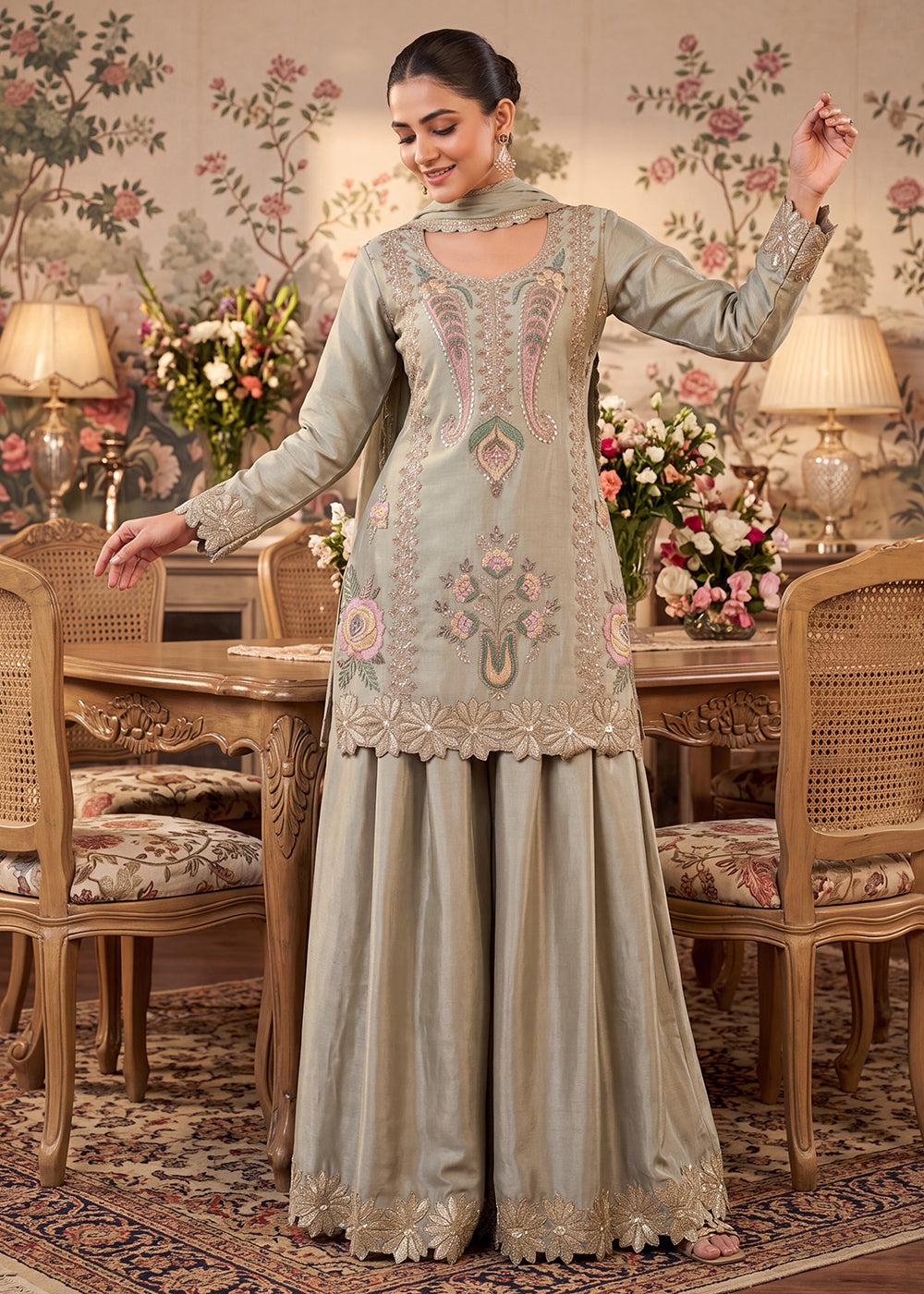 Buy Green Premium Chinnon with Bead Work Palazzo Style Suit Online in US, UK, Canada, Netherlands, Germany, Italy, France, Greece, UAE &amp; Worldwide at Empress.