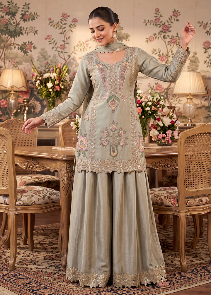 Buy Green Premium Chinnon with Bead Work Palazzo Style Suit Online in US, UK, Canada, Netherlands, Germany, Italy, France, Greece, UAE &amp; Worldwide at Empress.