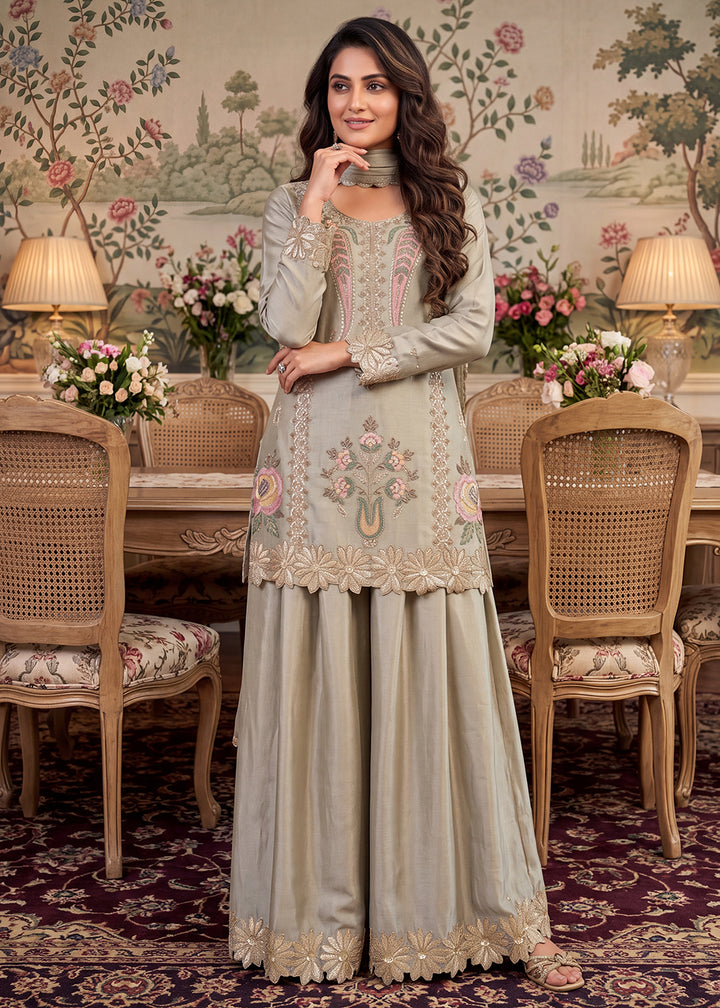 Buy Green Premium Chinnon with Bead Work Palazzo Style Suit Online in US, UK, Canada, Netherlands, Germany, Italy, France, Greece, UAE &amp; Worldwide at Empress.