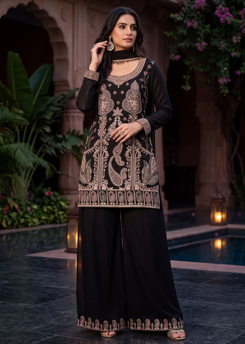 Buy Now Black All Over Beads Work Wedding Festive Palazzo Suit Online in US, UK, Canada, Germany, Italy, France, Greece, Australia, UAE & Worldwide at Empress.