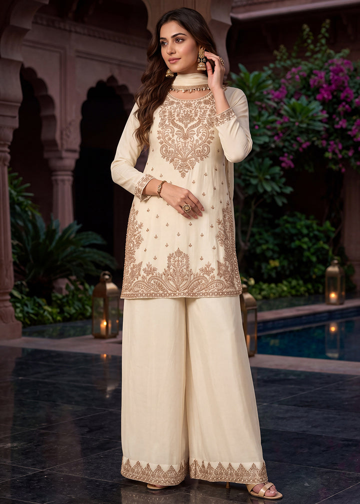 Buy Now Off White All Over Beads Work Wedding Festive Palazzo Suit Online in US, UK, Canada, Germany, Italy, France, Greece, Australia &amp; Worldwide at Empress.