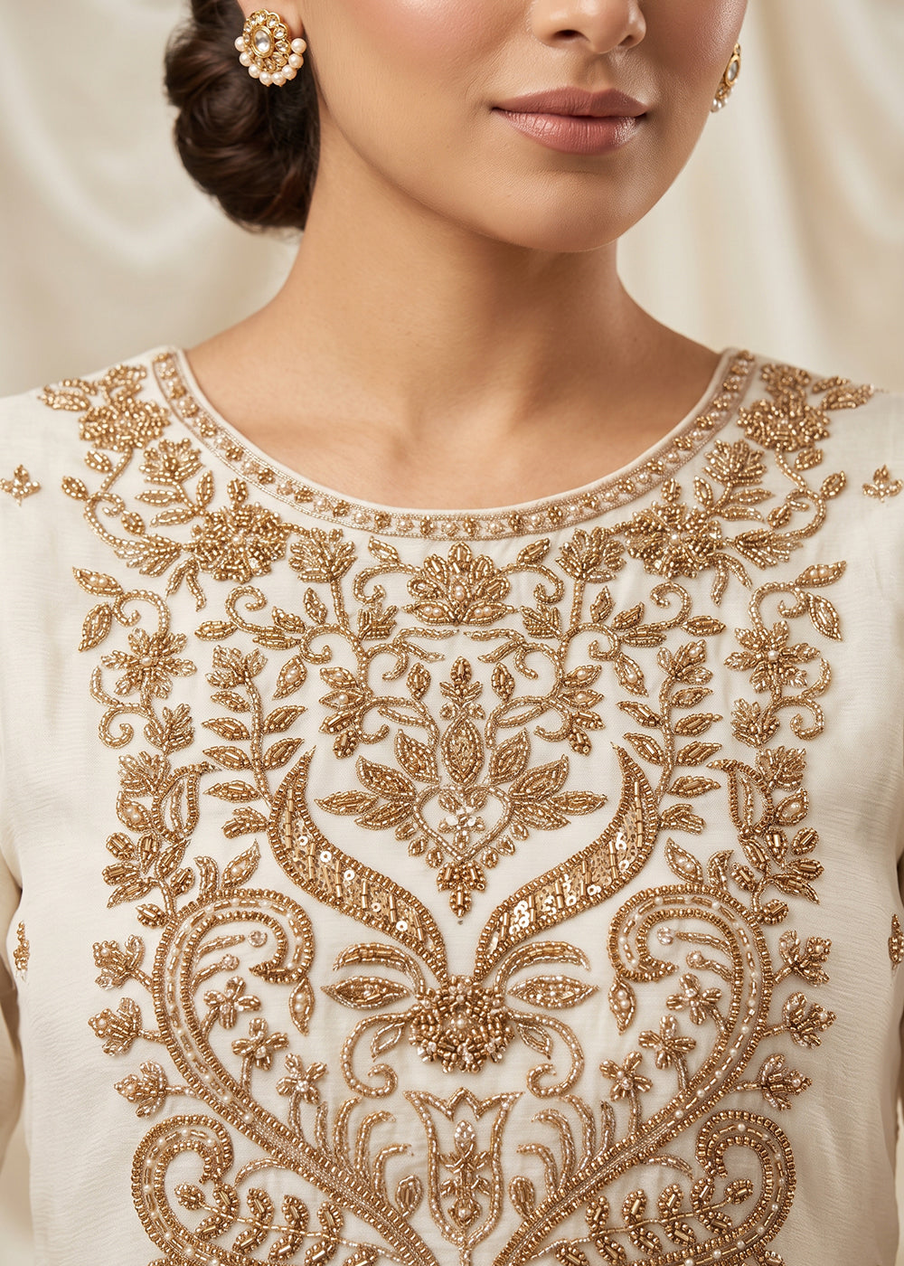 Buy Now Off White All Over Beads Work Wedding Festive Palazzo Suit Online in US, UK, Canada, Germany, Italy, France, Greece, Australia & Worldwide at Empress.