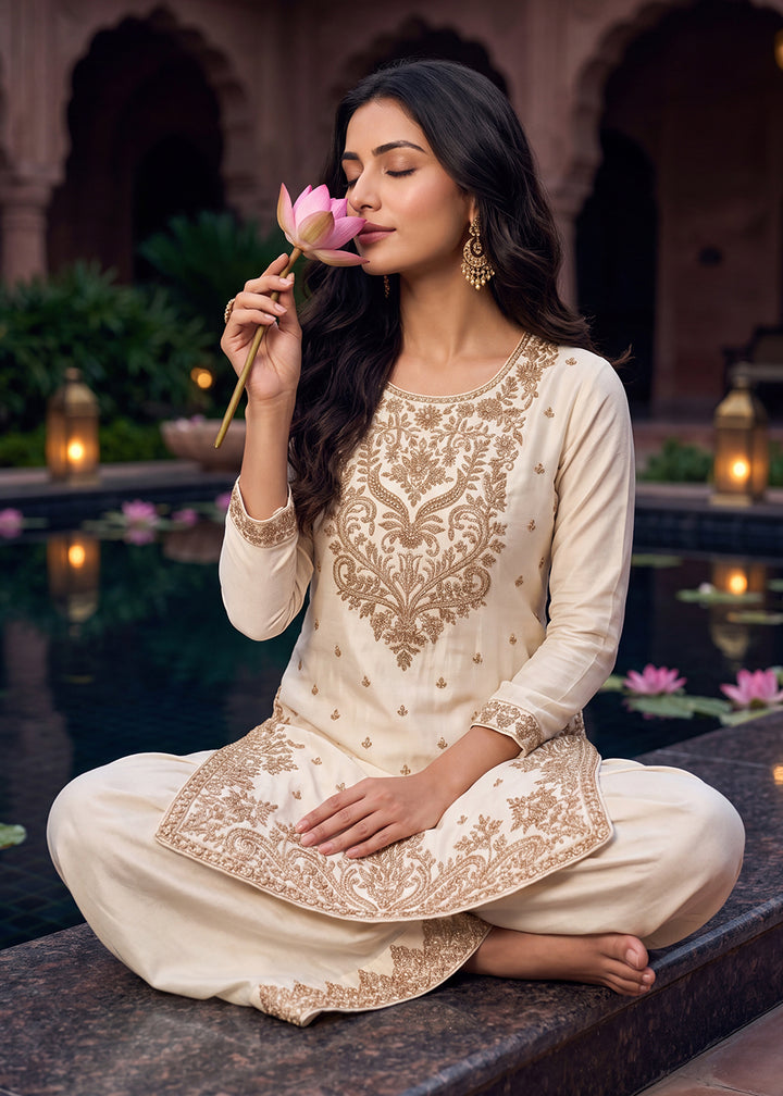 Buy Now Off White All Over Beads Work Wedding Festive Palazzo Suit Online in US, UK, Canada, Germany, Italy, France, Greece, Australia &amp; Worldwide at Empress.