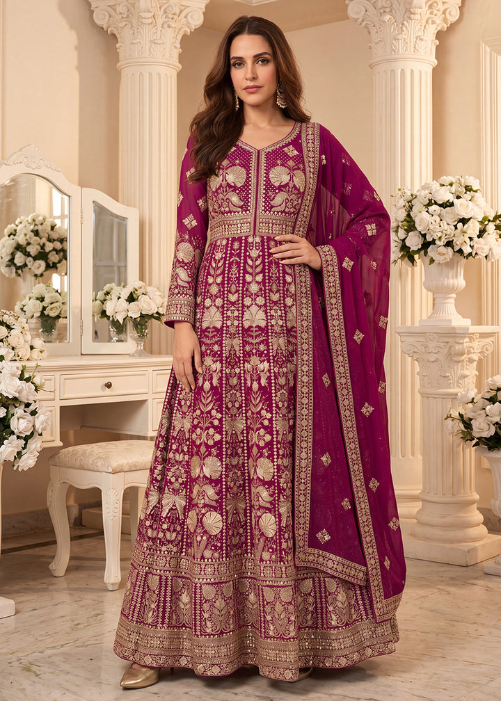 Buy Now Pink Premium Embroidered Georgette Wedding Anarkali Suit Online in US, UK, Sweden, Denmark, Greece, Germany, Canada, Austria, UAE &amp; Worldwide at Empress.
