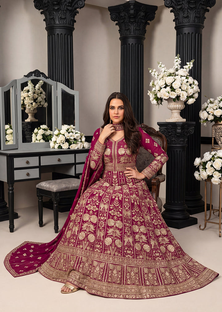 Buy Now Pink Premium Embroidered Georgette Wedding Anarkali Suit Online in US, UK, Sweden, Denmark, Greece, Germany, Canada, Austria, UAE &amp; Worldwide at Empress.