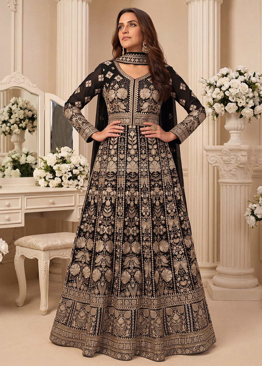 Buy Black Premium Embroidered Georgette Wedding Anarkali Suit Online in US, UK, Sweden, Denmark, Greece, Germany, Canada, Austria, UAE & Worldwide at Empress.