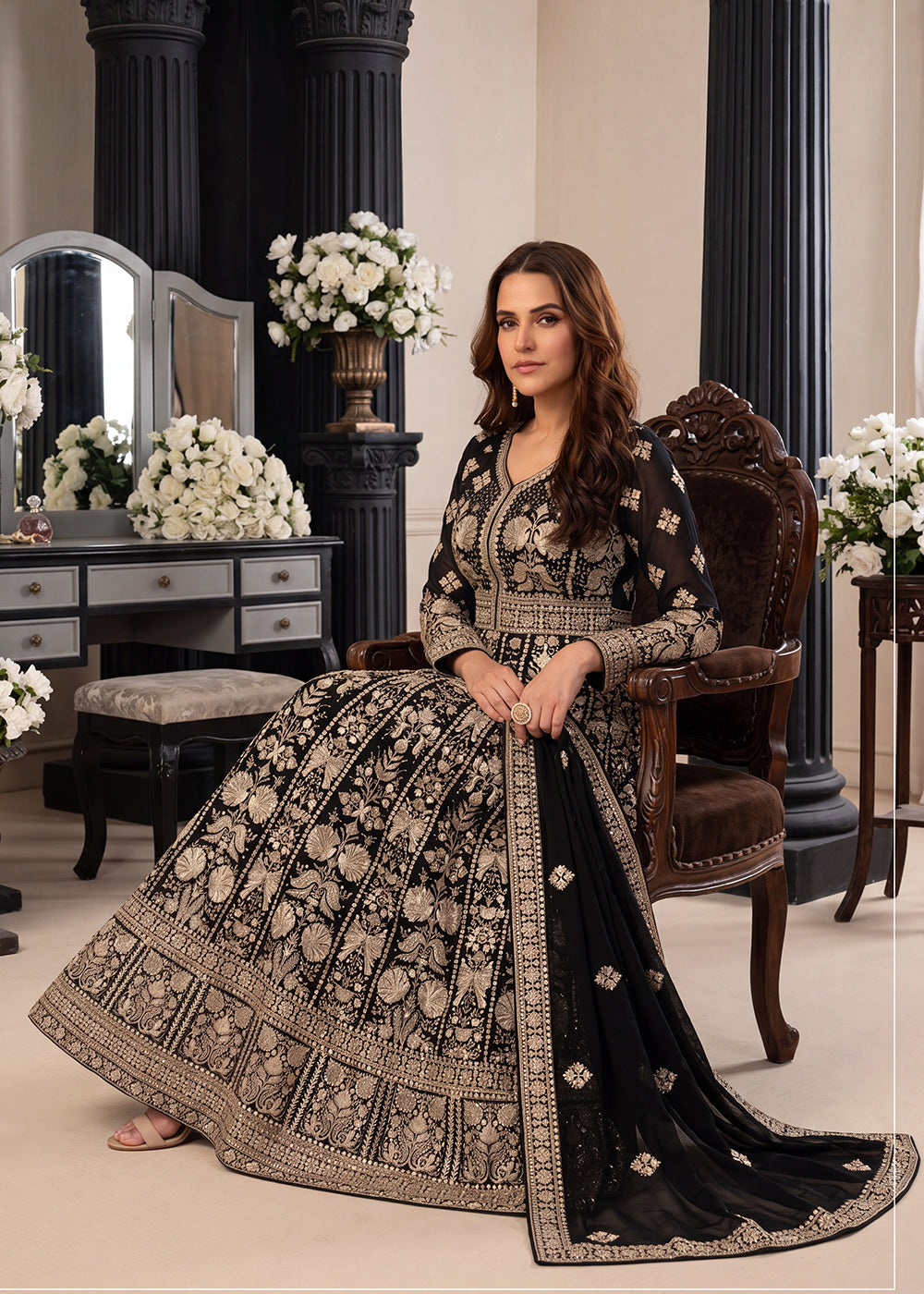 Buy Black Premium Embroidered Georgette Wedding Anarkali Suit Online in US, UK, Sweden, Denmark, Greece, Germany, Canada, Austria, UAE & Worldwide at Empress.