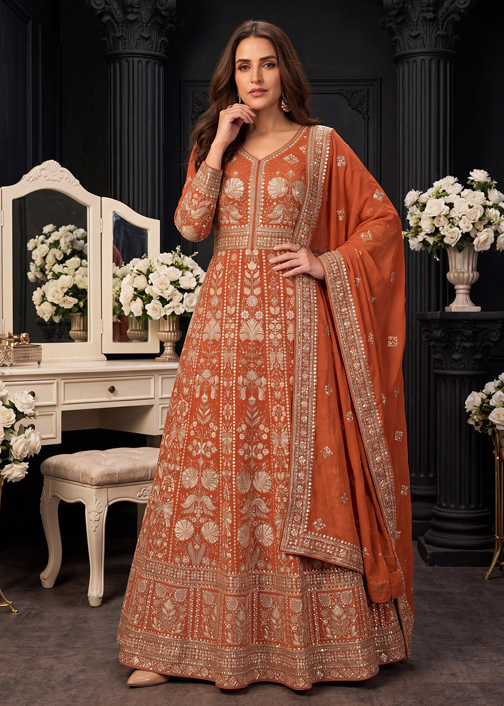 Buy Orange Premium Embroidered Georgette Wedding Anarkali Suit Online in US, UK, Sweden, Denmark, Greece, Germany, Canada, Austria, UAE & Worldwide at Empress.