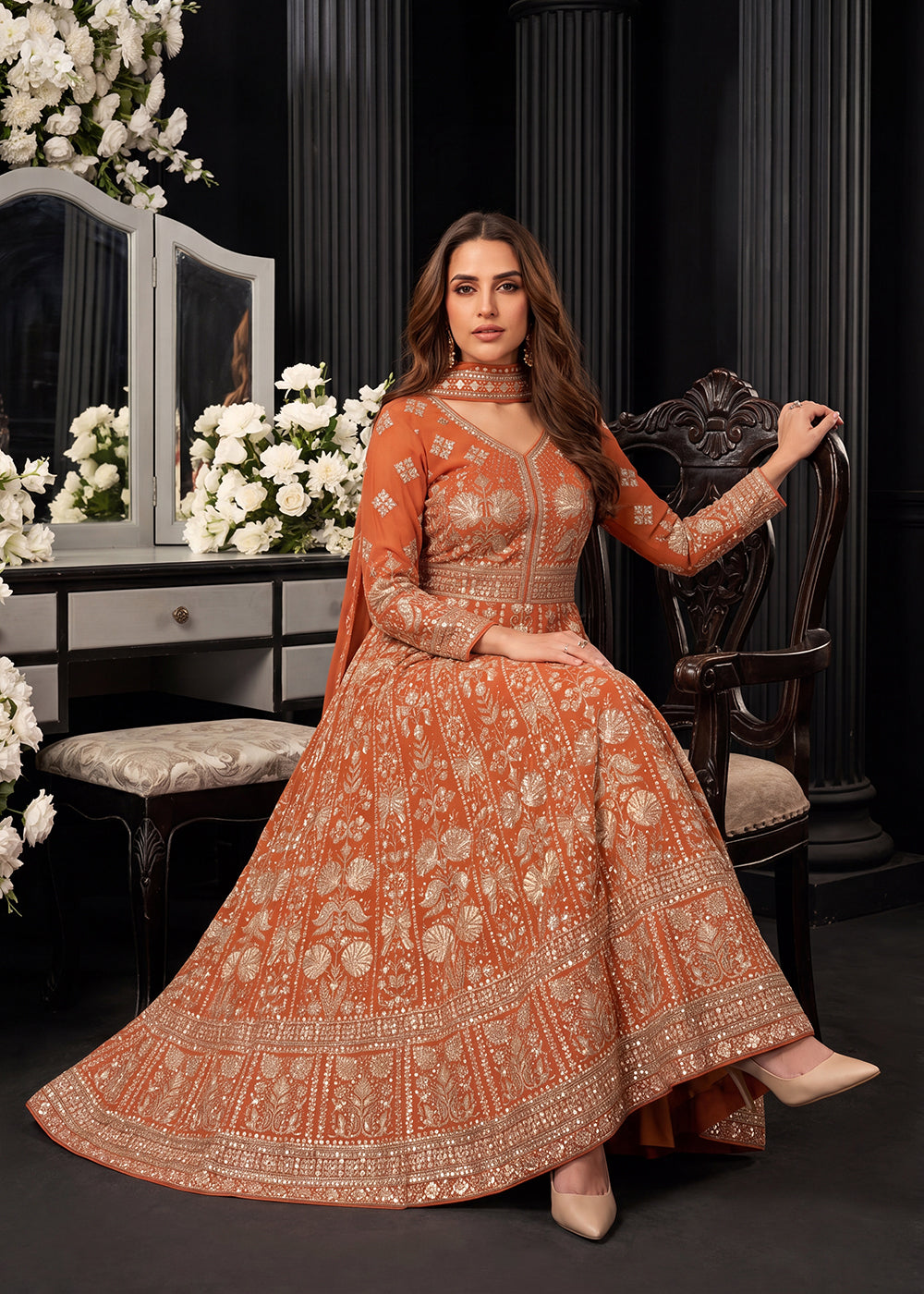 Buy Orange Premium Embroidered Georgette Wedding Anarkali Suit Online in US, UK, Sweden, Denmark, Greece, Germany, Canada, Austria, UAE & Worldwide at Empress.