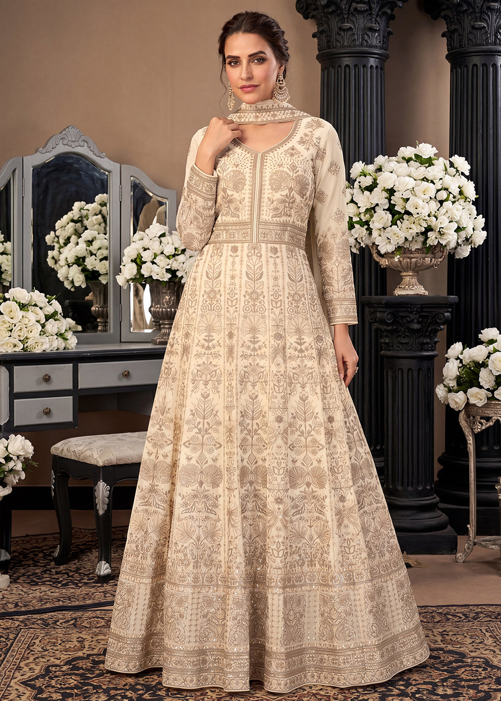 Buy Cream Premium Embroidered Georgette Wedding Anarkali Suit Online in US, UK, Sweden, Denmark, Greece, Germany, Canada, Austria, UAE & Worldwide at Empress.