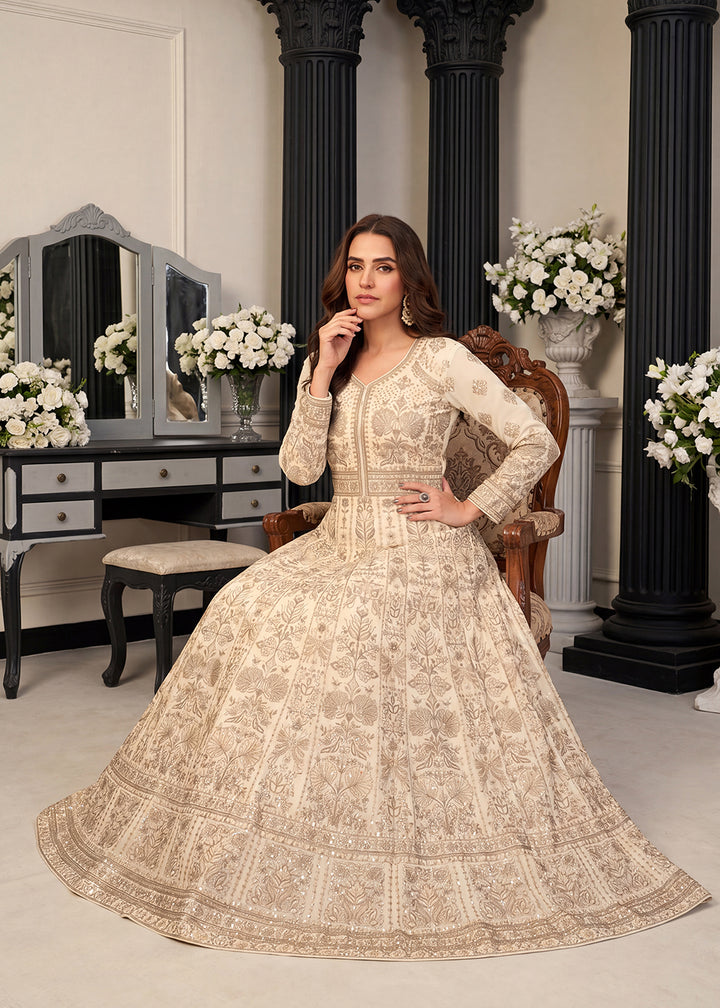 Buy Cream Premium Embroidered Georgette Wedding Anarkali Suit Online in US, UK, Sweden, Denmark, Greece, Germany, Canada, Austria, UAE &amp; Worldwide at Empress.