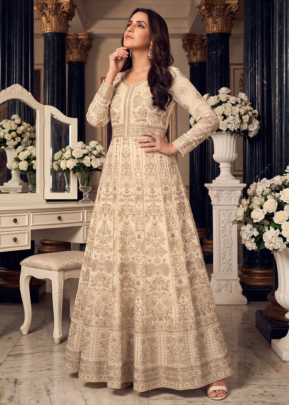 Buy Cream Premium Embroidered Georgette Wedding Anarkali Suit Online in US, UK, Sweden, Denmark, Greece, Germany, Canada, Austria, UAE &amp; Worldwide at Empress.