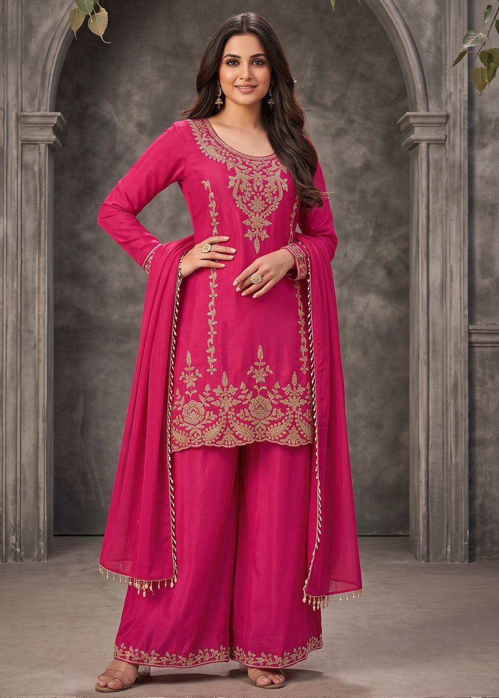 Buy NowHot Pink Embroidery Work Festive Wear Palazzo Dress Online in US, UK, Canada, Germany, Italy, France, Greece, Austria, Denmark & Worldwide at Empress.