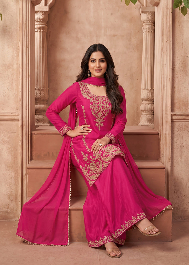 Buy NowHot Pink Embroidery Work Festive Wear Palazzo Dress Online in US, UK, Canada, Germany, Italy, France, Greece, Austria, Denmark &amp; Worldwide at Empress.