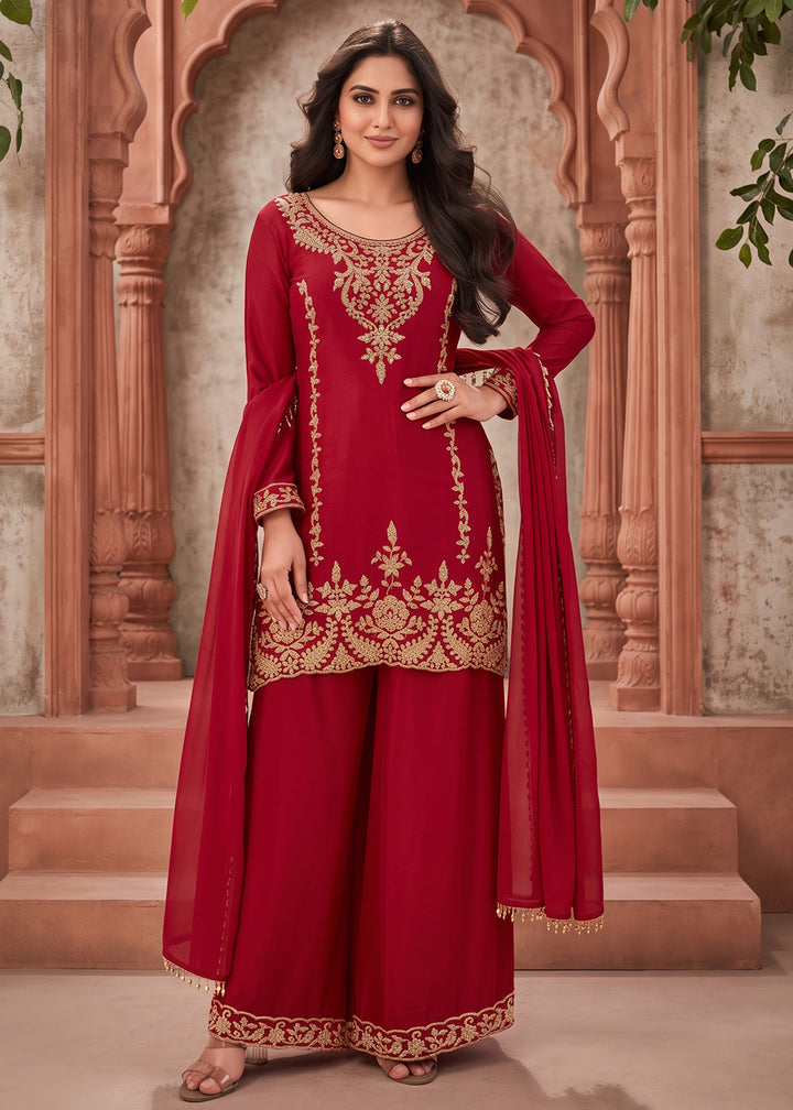 Buy Now Hot Red Embroidery Work Festive Wear Palazzo Dress Online in US, UK, Canada, Germany, Italy, France, Greece, Austria, Denmark &amp; Worldwide at Empress.