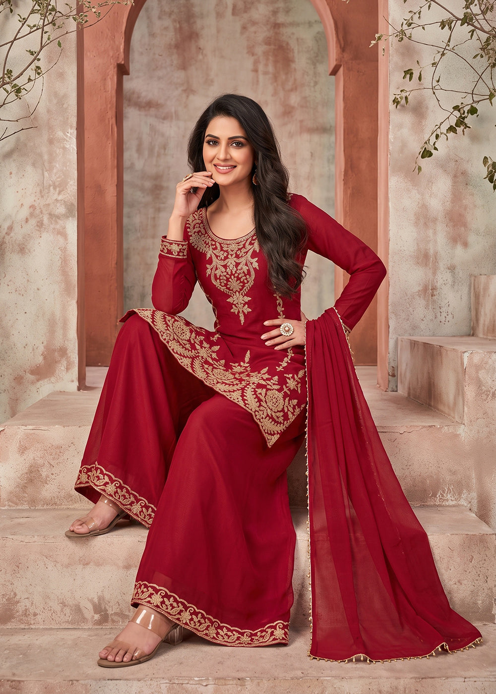 Buy Now Hot Red Embroidery Work Festive Wear Palazzo Dress Online in US, UK, Canada, Germany, Italy, France, Greece, Austria, Denmark & Worldwide at Empress.