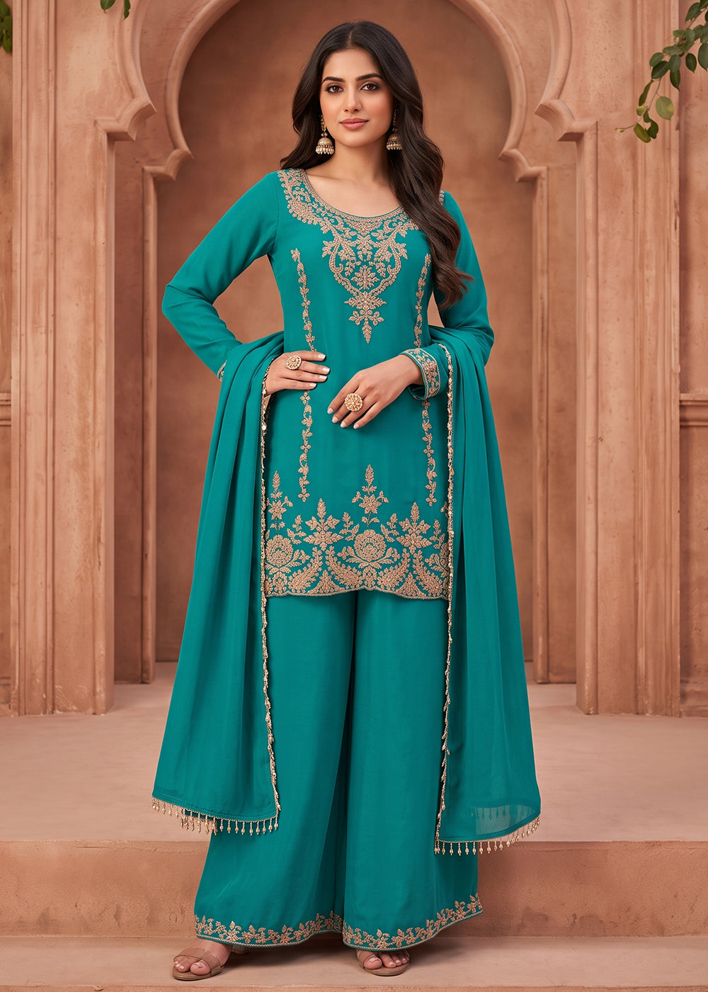 Buy Now Turquoise Embroidery Work Festive Wear Palazzo Dress Online in US, UK, Canada, Germany, Italy, France, Greece, Austria, Denmark & Worldwide at Empress.