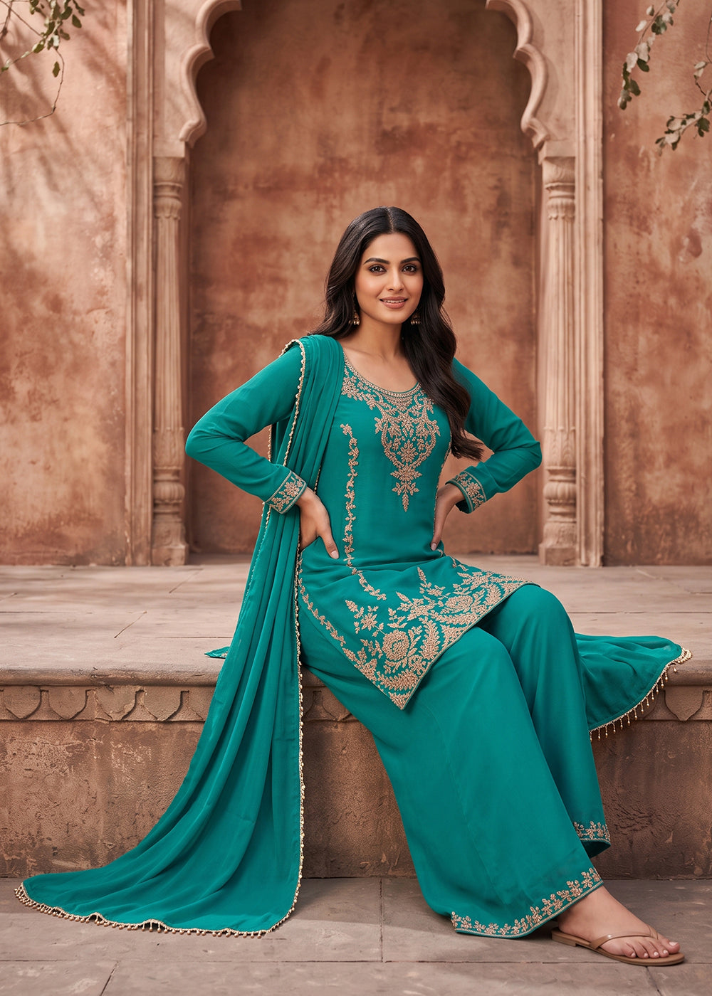 Buy Now Turquoise Embroidery Work Festive Wear Palazzo Dress Online in US, UK, Canada, Germany, Italy, France, Greece, Austria, Denmark & Worldwide at Empress.