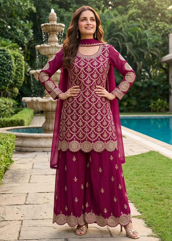 Buy Now Lovely Pink Premium Chinnon Palazzo Style Suit Online in US, UK, Canada, Netherlands, Germany, Italy, France, Greece, UAE &amp; Worldwide at Empress.
